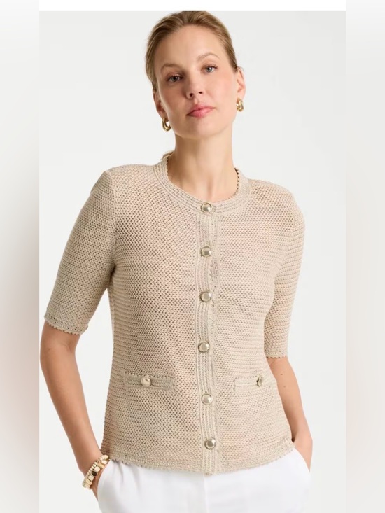 Chico's Sweaters - Chico’s Beige Button-Front Short Sleeve Sweater • Gold Buttons • Size 0